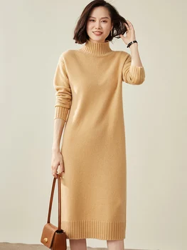 100% козе кашмир плътен трикотаж Женствена рокля зима 2023 Нови модни пуловери 4 цветове на дамски рокли