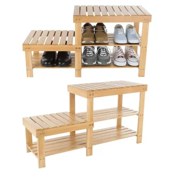 2-нива на бамбукови рафтове за съхранение на обувки и пейка за антре, коридор, дневна, спалня или баня от Modern Shoe Cabinet Close