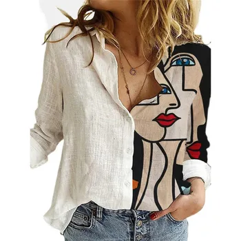 2023 Лятна дамска риза с елегантен и артистичен принтом, отложной яка, копчета и дълъг ръкав, всеки ден на улицата дамски блузи