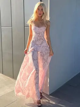 2023 Лятото секси рокля без ръкави с тънки спагети презрамки в стил Y2K, елегантни рокли за партита, розов дантелен принт