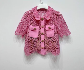 2023, пролетно-лятна луксозен дамски висококачествена розова риза с изрезки C655