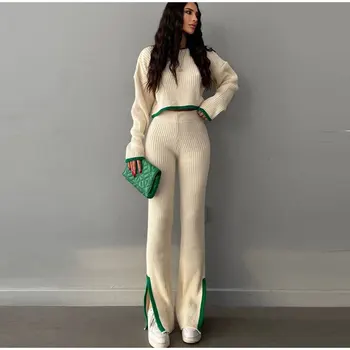 2023 пролетта нов женски костюм цвят мързелив вятър, вязаный пуловер, широки панталони с еластичен ластик на талията, дамско палто от две части
