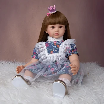 24 Инчови акрилни очите дълга права коса Bonecas Reborn синя пола за кукли-реборн с цветен модел от бяла марля с отлично качество