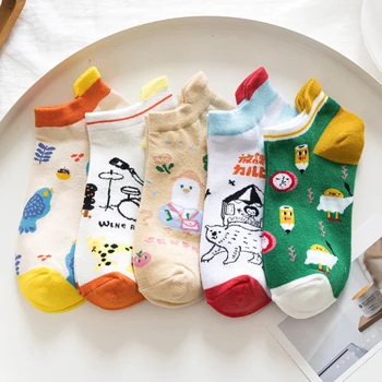 5 чифта ежедневни нови летни памучни къси чорапи до глезените с анимационни герои за жени, модерен комплект разноцветни чорапи с участието на животни Kawai в стил графити