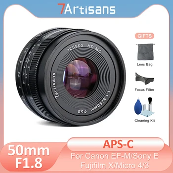 7artisans 7 artisans 50 мм F1.8 Портретен обектив с голяма Бленда На фотоапарат Fujifilm XF Canon EOS-M Sony E Микро стена 4/3