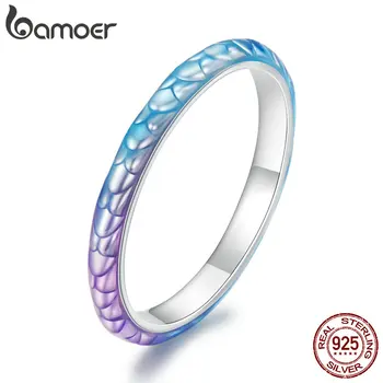 Bamoer Пръстен от сребро 925 проба с цветна риба везни за жени, бижута, цветно прост пръстен за парти, подарък BSR283