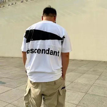 DESCENDANT DCDT Тениска с кръгло деколте и къси ръкави с принтом голям кит на гърба, ежедневни свободна мъжки японската trend облекло