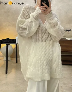 HanOrange 2022 Пролетен пуловер от мързелив мохера, свободен, от мека воскообразной лека вълна, вязаный женски пуловер, женски жилетка с V-образно деколте
