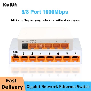 KuWFi Gigabit Ethernet Switch 5/8 пристанище 1000 Mbps Бърз Комутатор RJ45 Ethernet Hub Мрежов Комутатор LAN Тенис на Умен WIFI Суич
