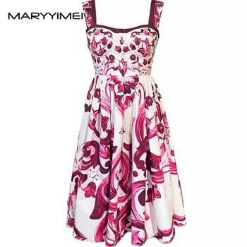 MARYYIMEI, модерно дизайнерско дамско лятно памучно рокля с тънки спагети презрамки с червено принтом и висока талия, празнични тънки памучни рокли