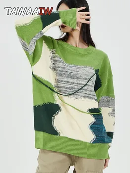 Tawaaiw, градинска дрехи с кръгло деколте, зелен вязаный пуловер в стил мозайка, пуловер, женски свободен жена скок в корейски стил, есенно-зимна мода