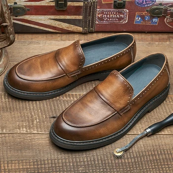 US6-10 Универсална пролетно мъжки ежедневни кожени обувки в британския стил, без шнур, мъжки меки ежедневни летни лоферы