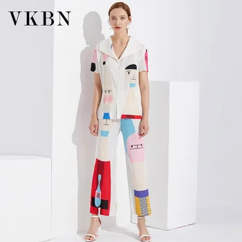 VKBN 2023 Пролетно-летен комплект от две части, поли, ризи и панталони, женски отложной яка, дамски комплекти от плисирана плат с принтом