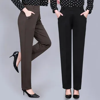 XL-6XL, нови пролетно-есенни дамски панталони, модерни обикновен панталон-участък с висока талия, дамски ежедневни директни дълги панталони на средна възраст
