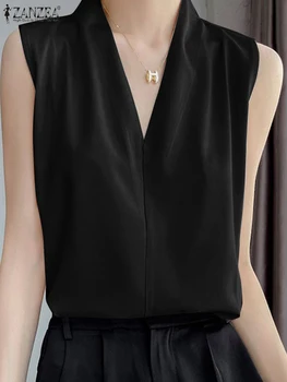 ZANZEA / Дамски Елегантни Блузи на Бретелях, Лятна Блуза Без Ръкави с V-образно деколте Дамски Модни Работна Риза OL, Вечерна Туника, Риза 2023
