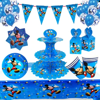 Аксесоари за парти в чест на рождения ден в синя тема с Мики Маус, набор от балони, чинии, чаши, салфетки, покривка, украса за душата на дете, деца, момчета