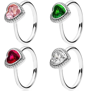 Аутентичное пенливи сърце от сребро 925 проба, бляскавите пръстен с розов, зелен, червен кристал за подарък на жените, популярни бижута