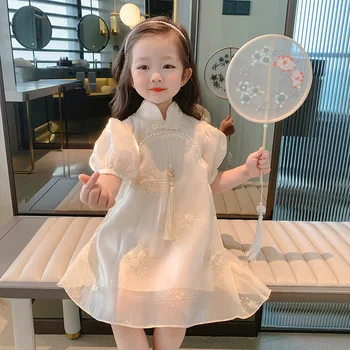 Бебешка рокля Panda Нов летен стил 2023 година за момичета с китайски дизайн с елементи от стила ципао, традиционните ханфу