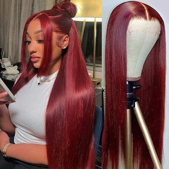 Бордо 99J перука с прави косата отпред, с перука от тези косата, 13x4 перука с предно шнурком, вино-червено перука, прозрачен дантелен перука, женски истински коса