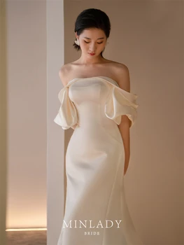 Дамски бели сатенени дълги бални рокли на Русалка, френското булчинската рокля на булката с открити рамене, Vestido De Noiva