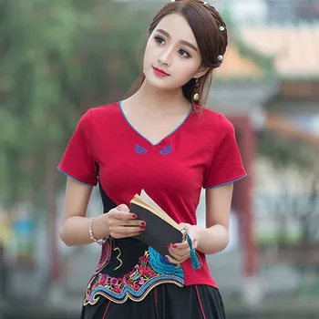 Дамски блузи Hanfu от Рокли 2023, лятна мода, ризи в китайски стил с V-образно деколте и къси ръкави, с бродерия от смес от памук, дамски ризи в китайски стил