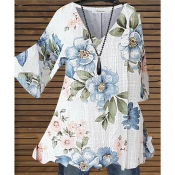 Дамски блузи, ежедневни свободни тениски с флорални принтом, летни блузи с V-образно деколте, модни пуловери с нови щампи