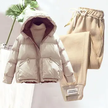 дамски зимни дрехи, дамски комплект от две части, топ и панталон, парк с качулка, уличен костюм, женски топло яке, зимна костюм G550
