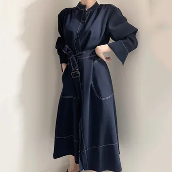 Дамски корейски минималистичные елегантни ризи, рокля с отворена яка, модерно однобортное свободно рокля-ветровка с еднакво завязкой