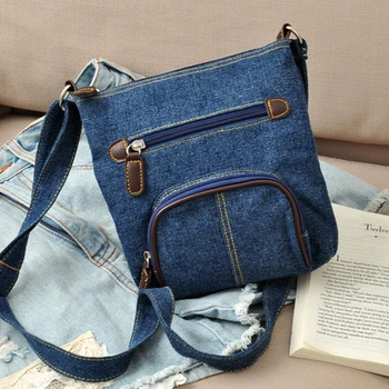 Дамски модни дънкови чанта през рамо с множество джобове, чанти-месинджър с регулиращи се презрамки, чанта през рамо, реколта чанта