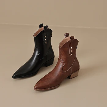 Дамски обувки, обувки на дебелите ток 4,5, естествена кожа, черно-кафяви ежедневни обувки Челси, удобни, елегантни обувки, Челси с остри пръсти Y55