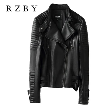 Дамски свободни ежедневни байкерские яке от овча кожа, връхни дрехи, дамски блузи в стил BF, черно и червено палто от естествена кожа RZBY235