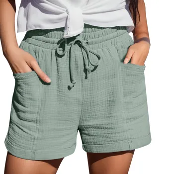 Дамски шорти от смесового памук с джобове и завязками, обикновена летни шорти 2023, свободни спортни ежедневни брючные панталони