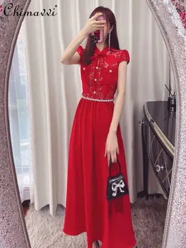 Дантелено рокля в китайски стил за жени 2023, пролет-лято, червен, нов стил, висока талия, къс ръкав, завързана лък, дълга рокля, приложено колан