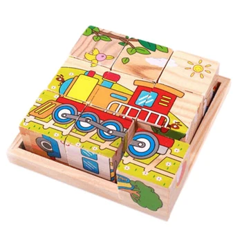 Девет пъзела, шестисторонняя 3D-дъска за пъзела, кубчета, тава за пъзела, дървена кутия за съхранение, детски забавни играчки Tangram, аксесоари