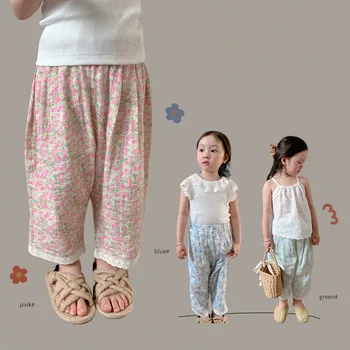 Детски панталон с корейски принтом, двуслойни панталони за момичета, детски тънки летни дишащи ежедневни панталони 2023
