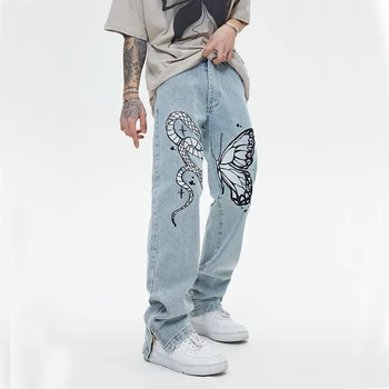 Директни дънкови панталони с бродерия пеперуди и змии в стил хип-хоп, на главната улица, мъжки джобовете на щиколотках, свободни дънкови панталони, мъжки дрехи