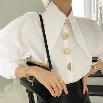 Есенни корейски блузи, Дамски ежедневни 2021, однобортная блуза с ръкав-фенерче, офис дамски елегантни бели модерен ризи Оверсайз