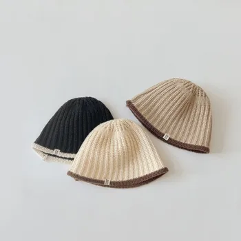 Есенно-зимни детски вълнена шапка, обикновена широкополые шапки за момичета, топло вязаная шапчица, детски панама, корейски аксесоари за момчета от 4 до 10 години