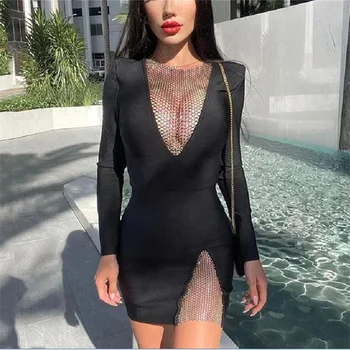 Женското сексуално черно дебнещ мини рокля 2023, пролет-лято, с дълъг ръкав и кръгло деколте, мрежести вечерни рокли в стил мозайка, Vestidos