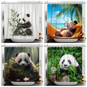Завеса с изображение на анимационни панди, водоустойчив завеса за душ с принтом растения от полиестер, зелен бамбук, за декора на банята
