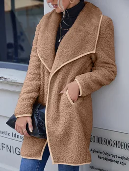 Зима 2023, женски свободно ежедневното плюшевое палто с голям ревера, неправилна форма, със средна дължина, двустранен плюшен ветровка, дамско палто