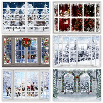 Зимна страна на чудесата Коледен фон Снежна гора на Фона на снимката на прозореца на една фотосесия на шейната на дядо коледа е семеен портрет подпори за фотосесия