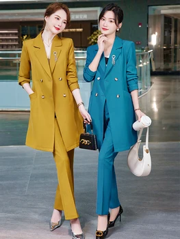 Зимно-есенна женска работна дрехи бизнес, брючный костюм, женски жълто, цвят каки, синьо, дълго сако, яке и панталони, официален комплект от 2 теми
