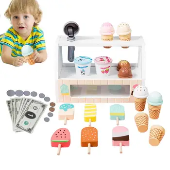 Игра комплект за сладолед Монтесори, играчки за ролеви игри, дървена лъжичка за сладолед, играчки за приготвяне на фалшив сладолед, детска кухня