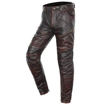 Кафяви реколта мъжки ветроупорен панталони от телешка кожа за каране на мотоциклет от естествена кожа, големи размери 5XL, дебели байкерские панталони от естествена кожа