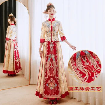 Китайска двойка цвят шампанско, златна реколта дрехи за наздравици, носия с бродерия на дракон и феникс, сватбена рокля