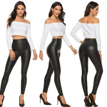 Кожени блестящи секси гамаши за жени Лято 2023, висока талия, черни ластични панталони от изкуствена кожа, дамски гамаши Ropa Vintage