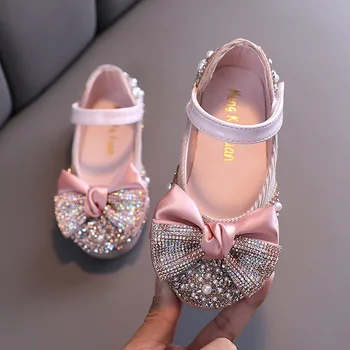 Кожени обувки за момичета за сватбени партита, детски кристални обувки с лък за изказвания, обувки за момичета в цветенце, детски модела обувки 21-36
