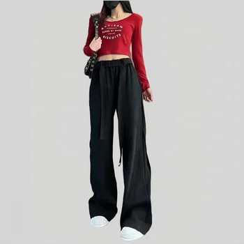Корейската версия 2023 летни дамски модни обикновена панталони за прибиране на реколтата, женски директни червени широки панталони