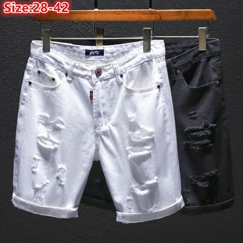 Летни дънкови къси панталони, бял с окъсани дупки, черни дънки за момчета, популярни надраскани корейски оръфан панталон размер плюс 38 40 42